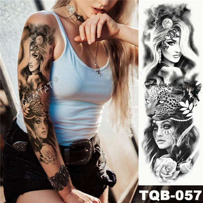 Large Arm Sleeve Tattoo Midnight Leopard Beauty Girl Waterproof Temporary Tatto Sticker Moonlight Rose Full Skull Tatoo Women