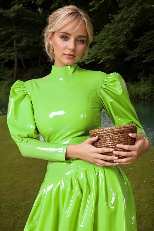 Women Latex Dress Elegant Grass Green Gown Puffed Sleeves