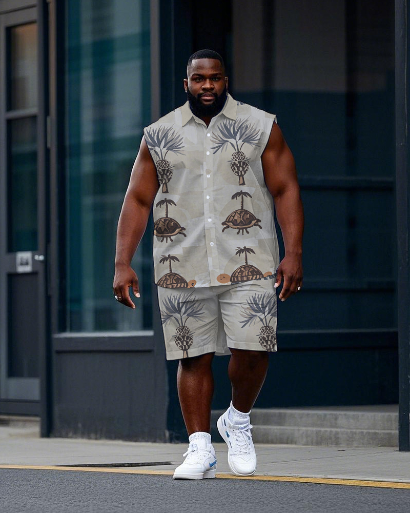 Big Men's Funny Turtle and Pineapple Printed Casual Sleeveless Shirt and Shorts Set