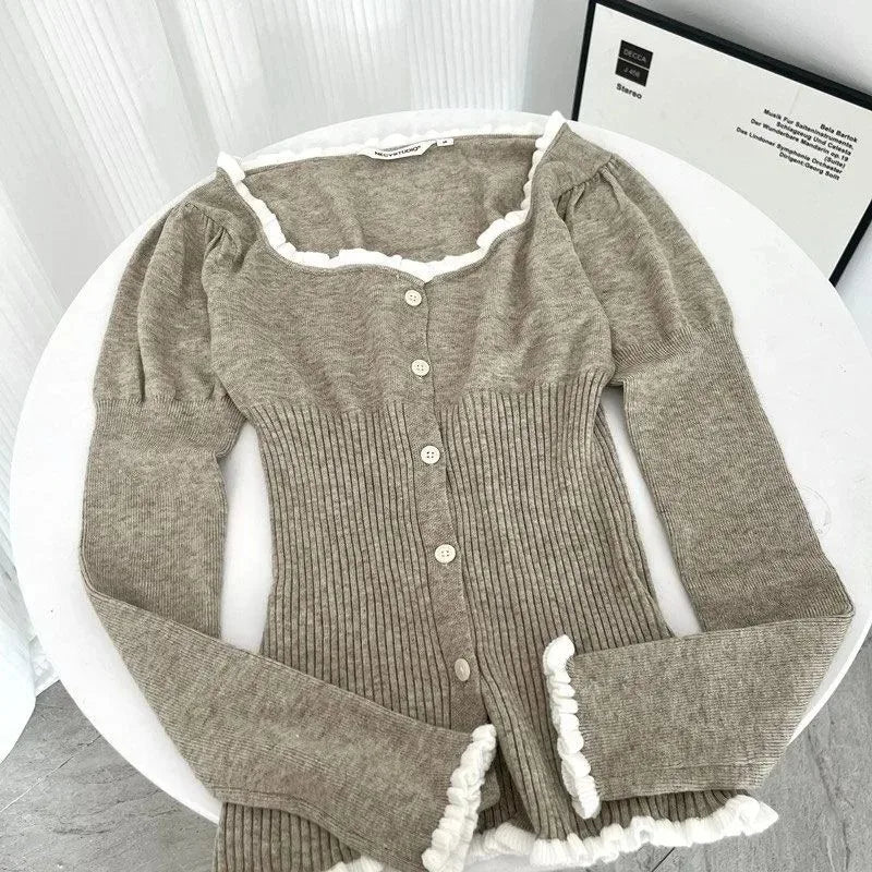 Aiertu Sweet Retro Knit Cardigan Plaid Patchwork Prin Puffy Skirt Two Piece Set Women Fashion Flounce College Slim Spring Female Suit Aiertu