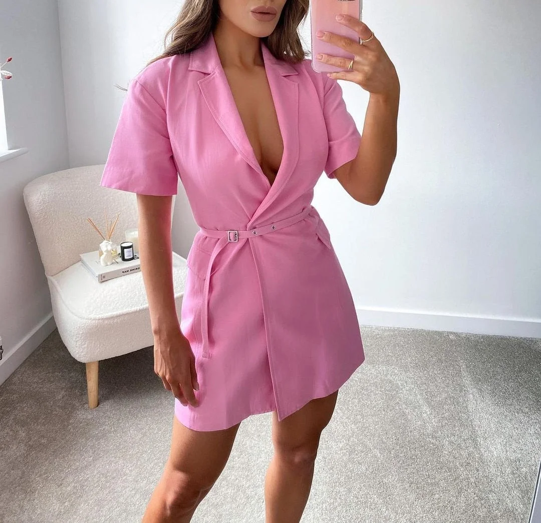 Back to school  2022 New Summer Women Pink Notched Dress Female Casual  Dress Vintage Belt Covered Button Short Sleeve Mini Dresses