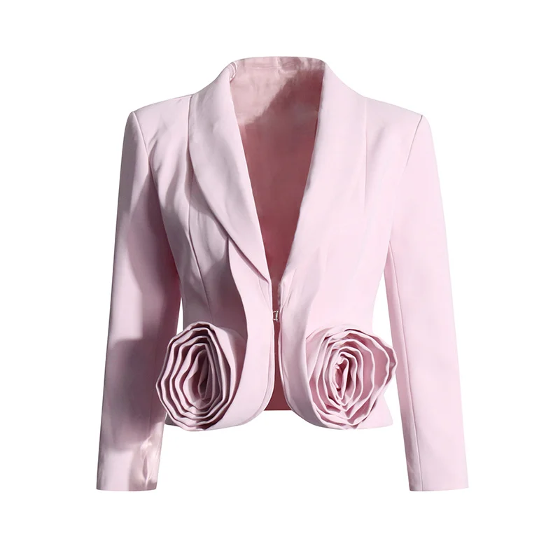 Toloer Toloer Wind Niche Stereo Rose Cut Deep V Collar 2024 Autumn New Solid Color Small Suit Short Coat Female-Outfit Ideas