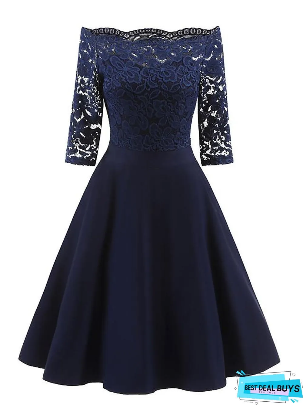 Women's Swing Dress Knee Length Dress 3/4 Length Sleeve Solid Color Lace Patchwork Fall Spring Elegant Sexy Wine Dusty Blue