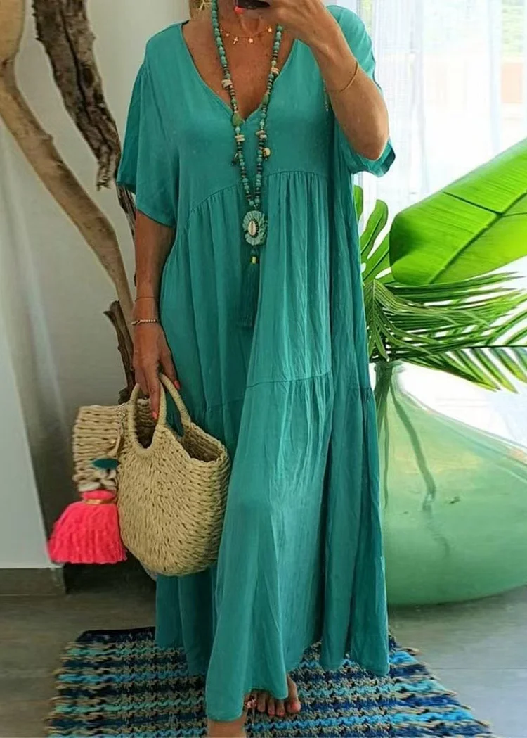 Chic Lake Green Oversized Patchwork Cotton Beach Dress Summer