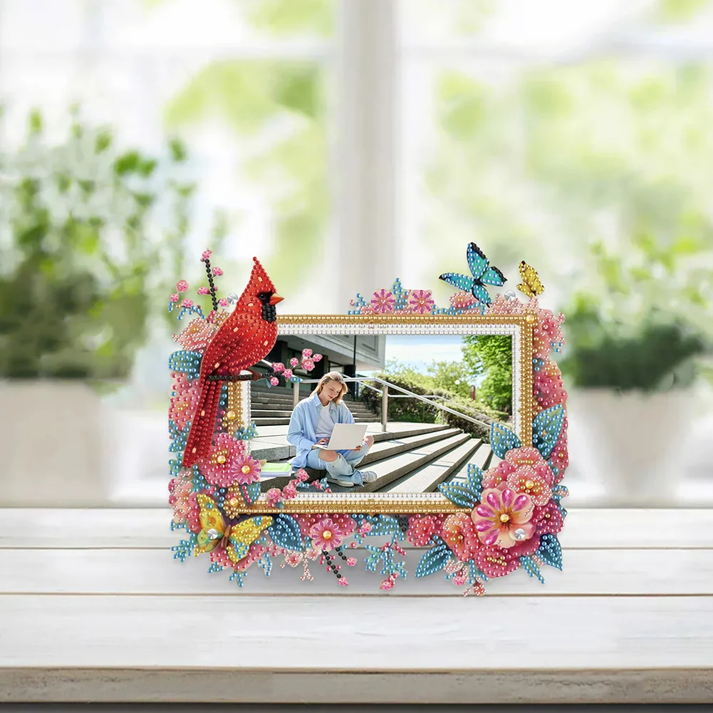 5D DIY Cardinal and Flower Acrylic Special Shape Diamond Painting Picture Frame