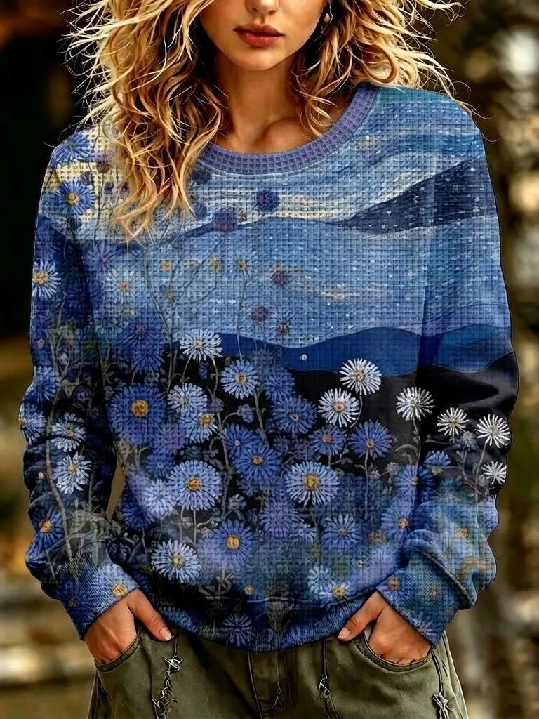 Comstylish Women's Retro Bohemian Floral Print Long-sleeve Sweatshirt