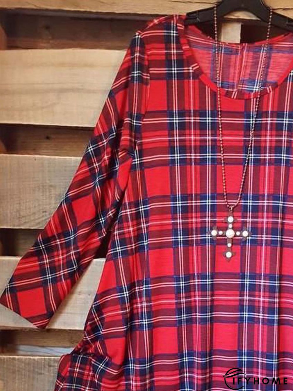 Plaid  Long Sleeve  Printed  Cotton-blend  Crew Neck Casual  Red Top | IFYHOME