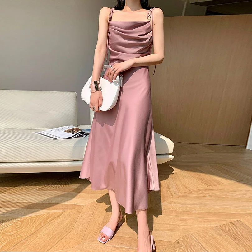 Billlnai  2023 Chic One Piece Dress Korea Bandage Design Elegant Midi Dresses Women Sleeveless Sexy Dress Office Lady Summer  Square Collar