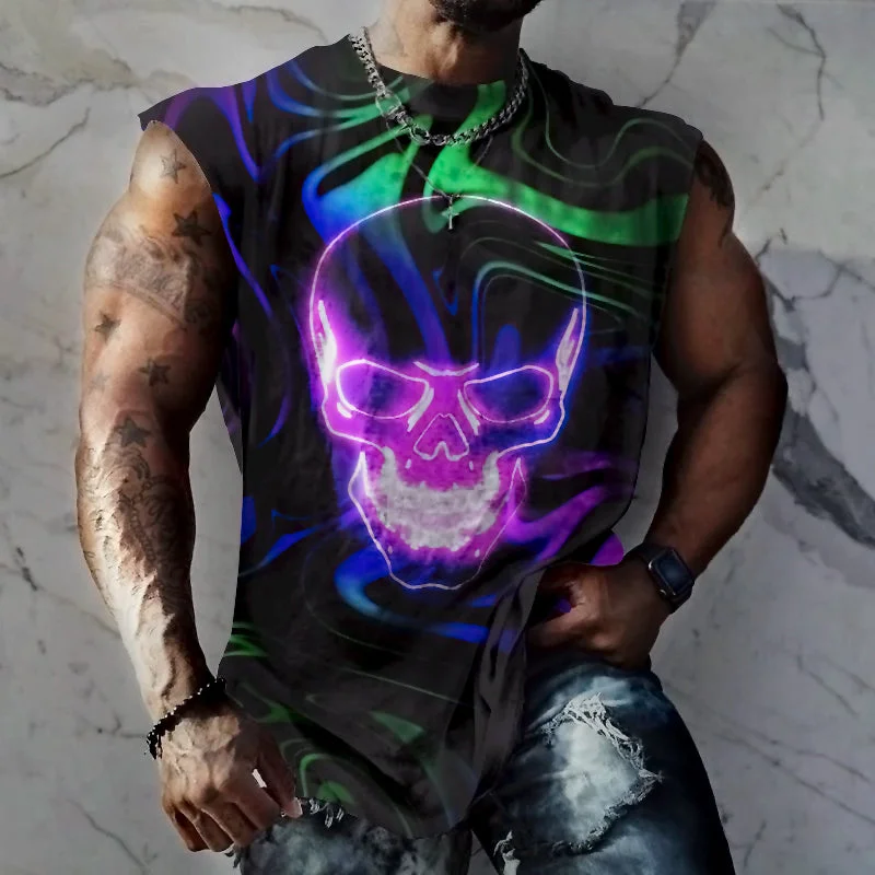 Metaverse & Skull Digital Abstract Creative Print Men's Casual Fashion Sleeveless Shirt