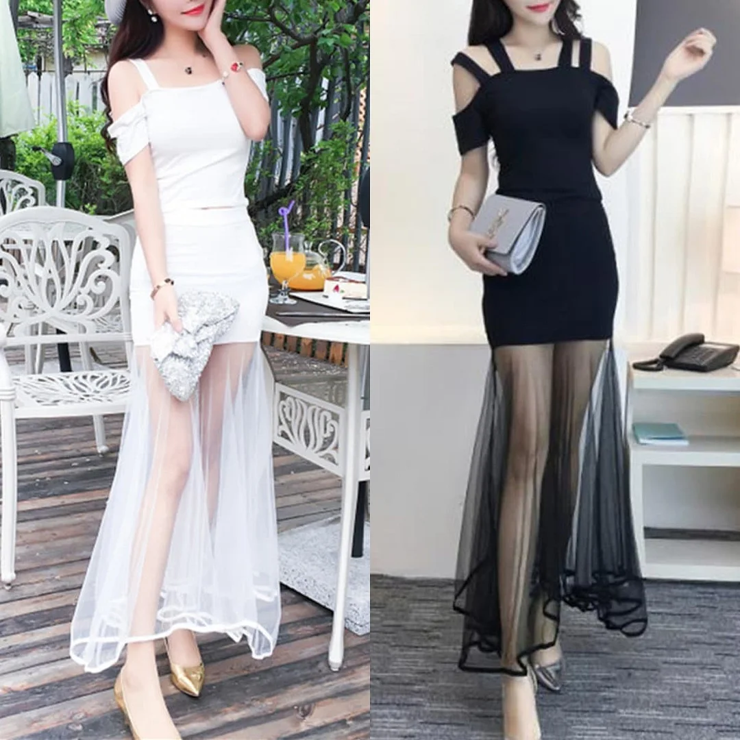 Black/White Elegant Off-Shoulder Shirt & Skirt Set SP13831