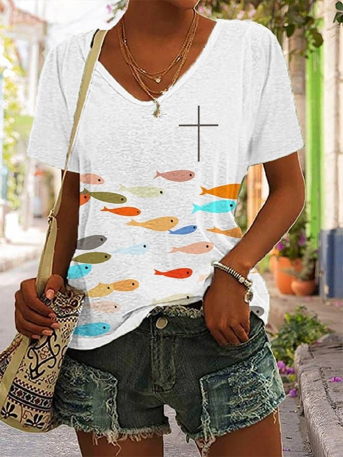 Fishes Faith Cross Printed V-neck Women's T-shirt