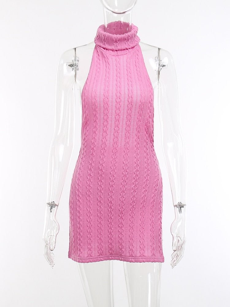 WannaThis Knit Mini Dress Backless Jacquard Sexy Turtleneck Split Pink Sleeveless Y2K Women Nightclub Elegant Party Dresses 2022