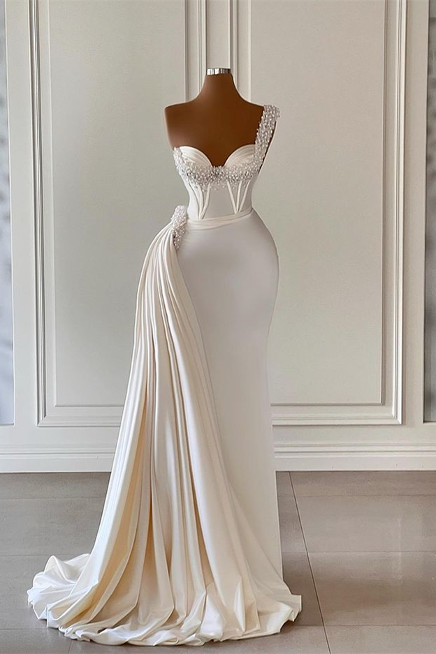 Luluslly One Shoulder Ivory Wedding Dress Mermaid Sweetheart Ruffle With Pearls