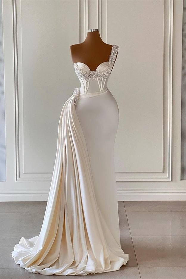 Bellasprom One Shoulder Ivory Wedding Dresses Mermaid Sweetheart Ruffle With Pearls