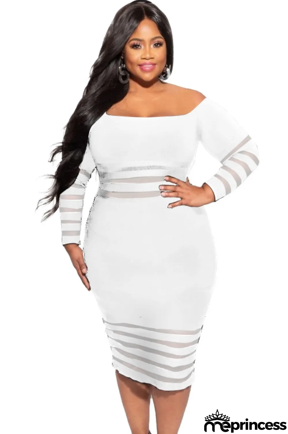 Summer Plus Size White Off Shoulder Stripes Bodycon Dress with Sleeves