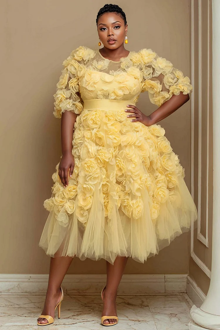 Xpluswear Design Plus Size Wedding Guest Yellow Round Neck Short Sleeve 3D See Through Tulle Midi Dresses [Pre-Order] 2024 - Xpluswear