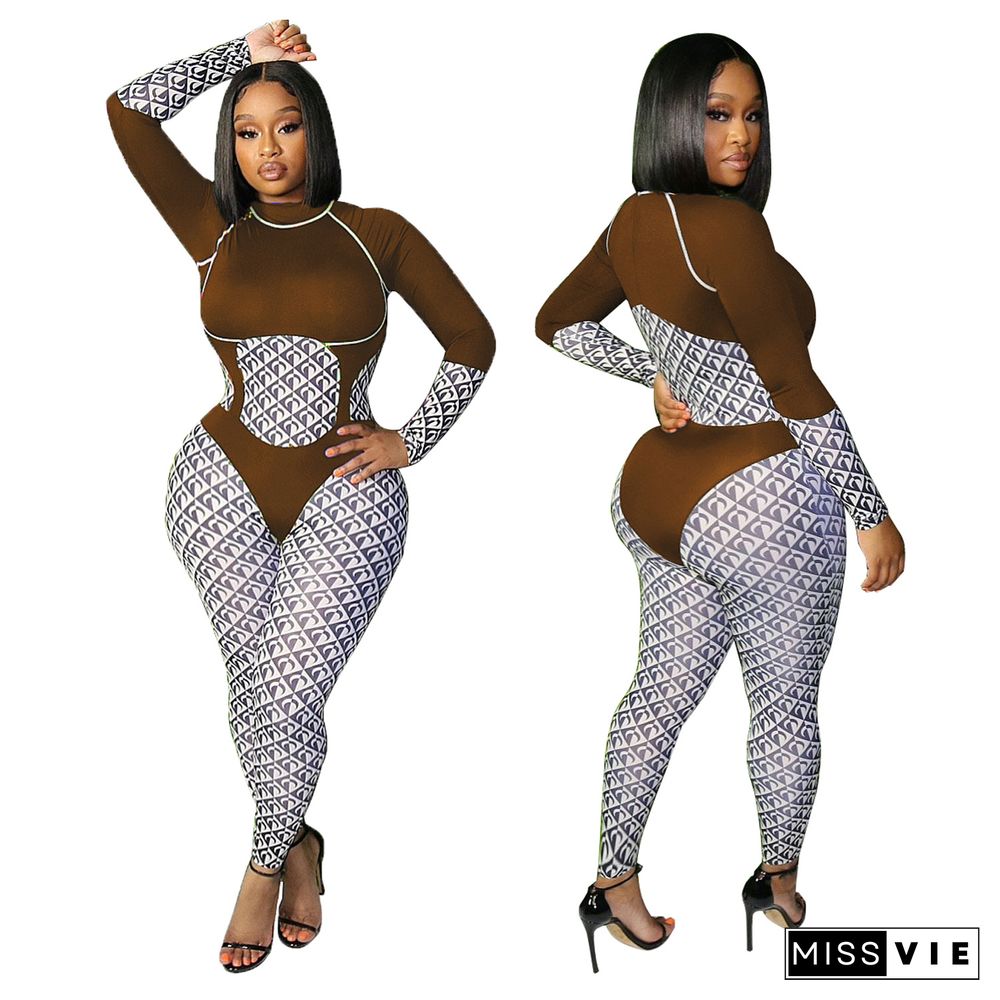 Patchwork Print O Neck Long Sleeve Bodycon Jumpsuit