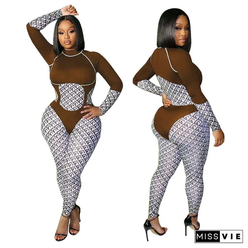 Patchwork Print O Neck Long Sleeve Bodycon Jumpsuit