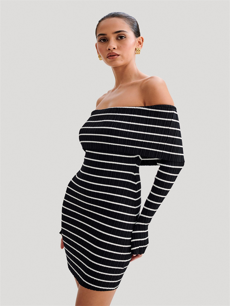 Ootddress Striped Knit Sweater Mini Dress For Women Bandeau Backless Elegant Fashion Summer Contrast Party Dress Knitwear Mini Dress