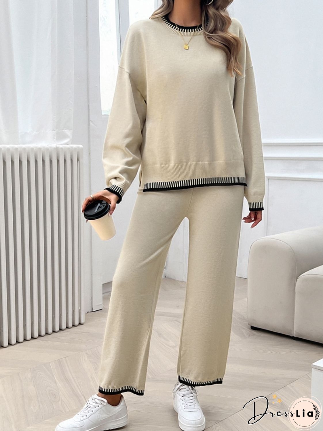 Round Neck Dropped Shoulder Top and Pants Sweater Set