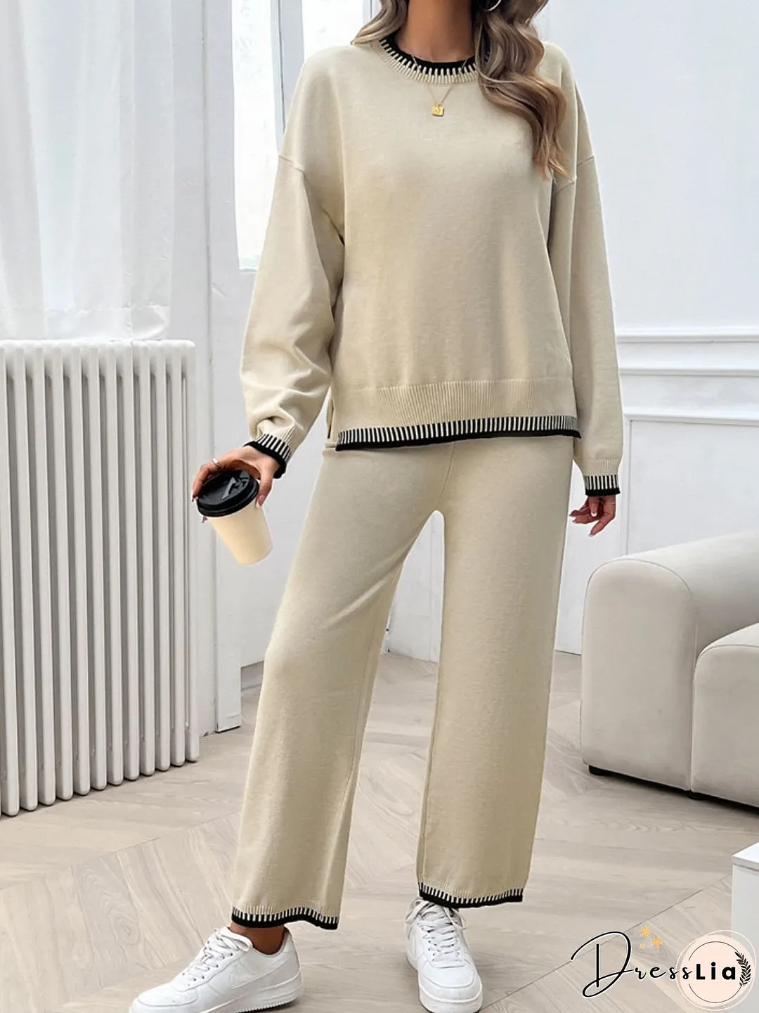 Round Neck Dropped Shoulder Top and Pants Sweater Set