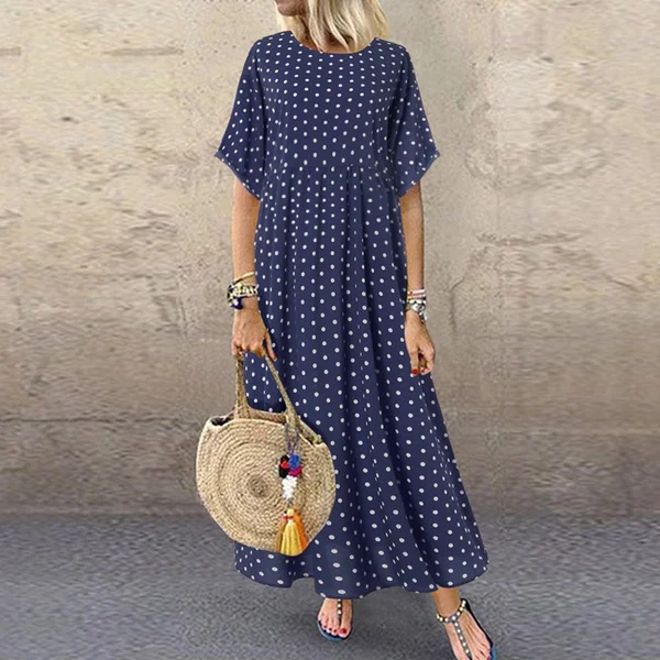 Zanzea Women Round Neck Short Sleeve High Waist Dress Polka Dot Long Loose Dress