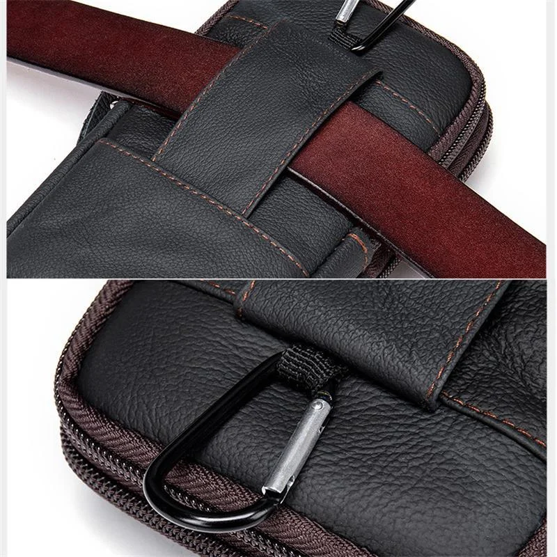Grain Textured Style Genuine Leather Multiple Compartment Card Slot Magnetic Closure Belt Bag