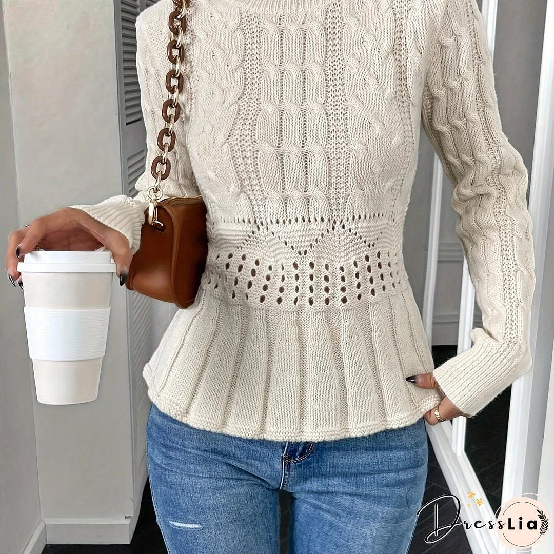 Solid Cable Knit Crew Neck Sweater, Versatile Long Sleeve Hollow Out Sweater For Fall & Winter, Women's Clothing