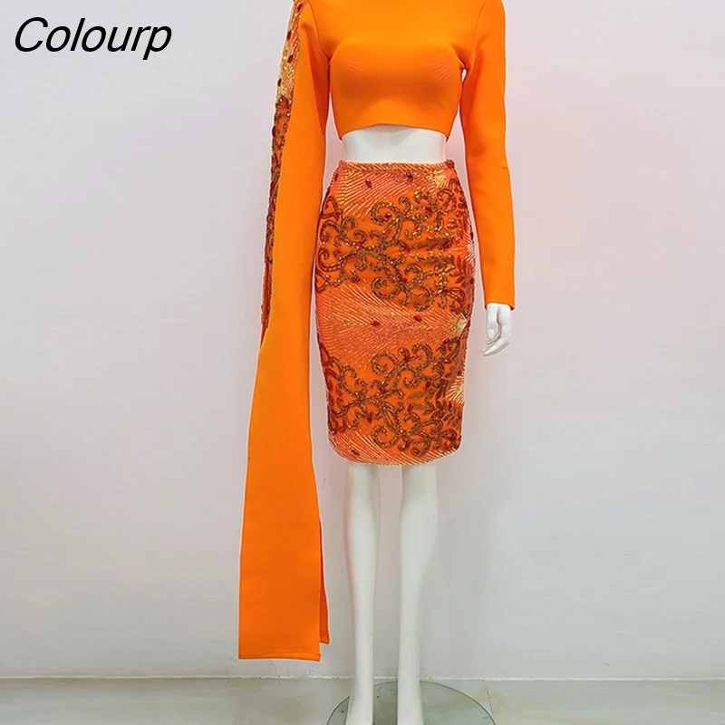 Colourp Fashion High Quality Orange Long Sleeve Two Piece Sets Evening Party Elegant Set Dress