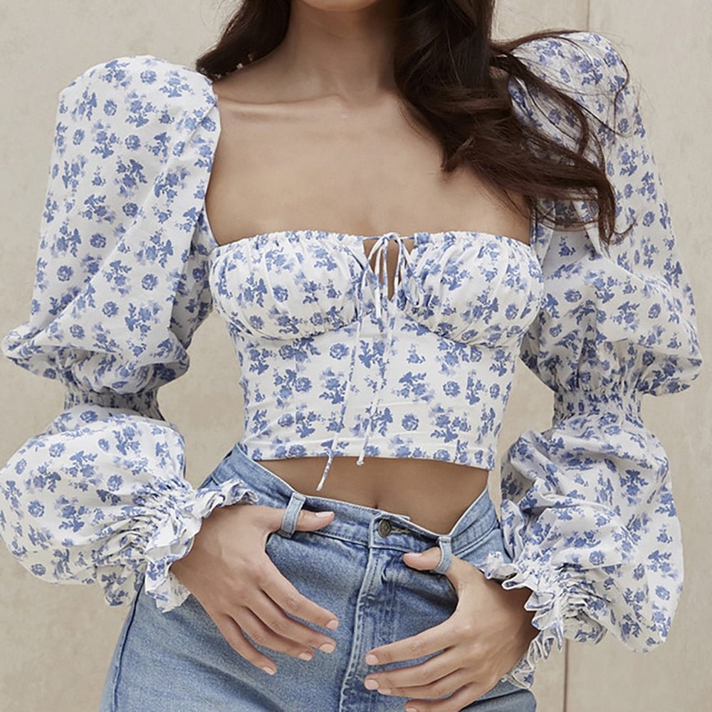 Elegant Women Floral Puff Sleeve Blouse Fashion Long Square Collar Lace-up Crop Tops Chic Lady Flowes Slim Fit Blouse 2021 New