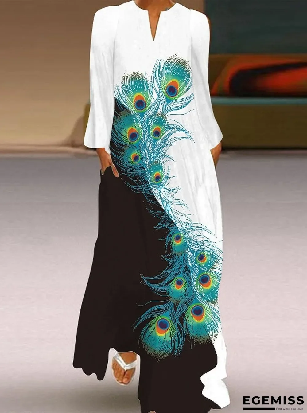 Butterfly Print V-Neck Long Sleeve Dress White Dresses | EGEMISS