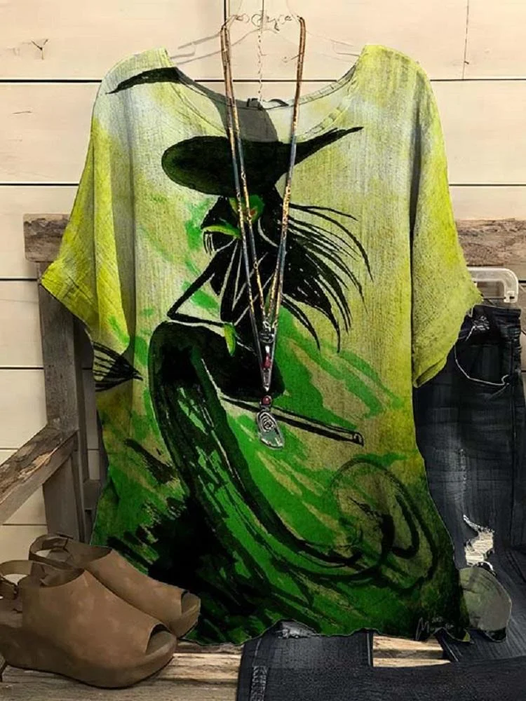 Women's Halloween Witch Printed Short Sleeved T-Shirt