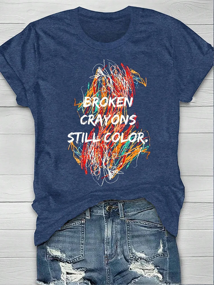 Women's Plus Size Broken Crayons Still Color Round Neck Short Sleeve T-Shirt