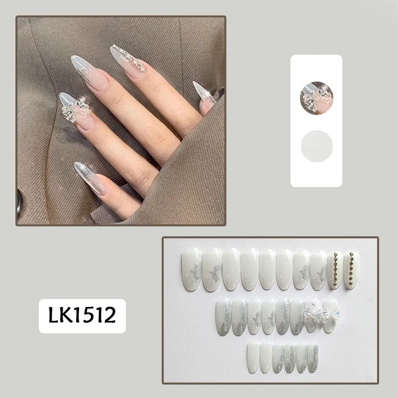 24pcs Butterfly Print Nails Patch Glue Type Long Paragraph Fashion Manicure Patch False Nails Save Time Nail Patch New SANA889-Nail Inspo