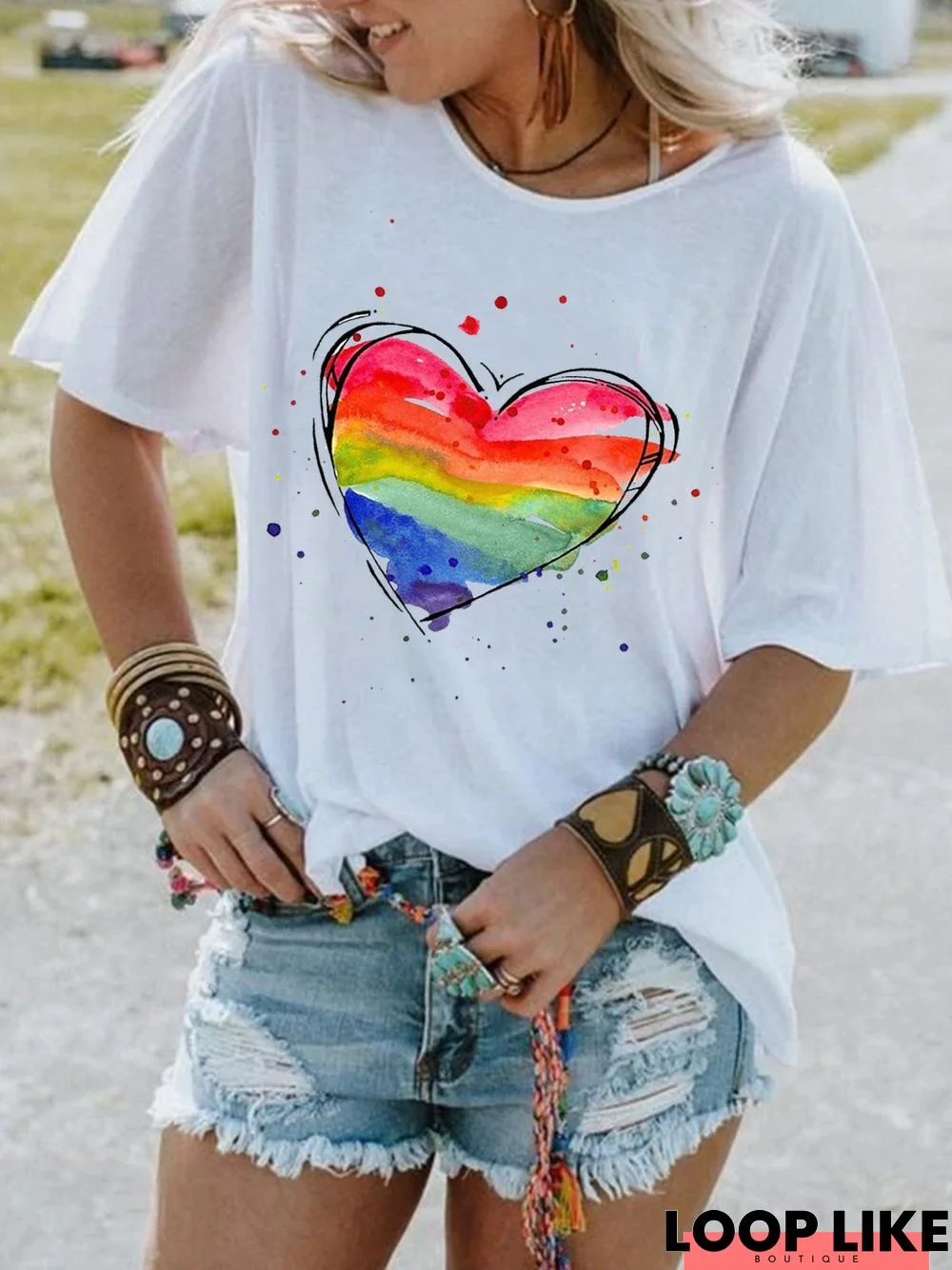 White Ombre/tie-Dye Floral-Print Casual T-shirt