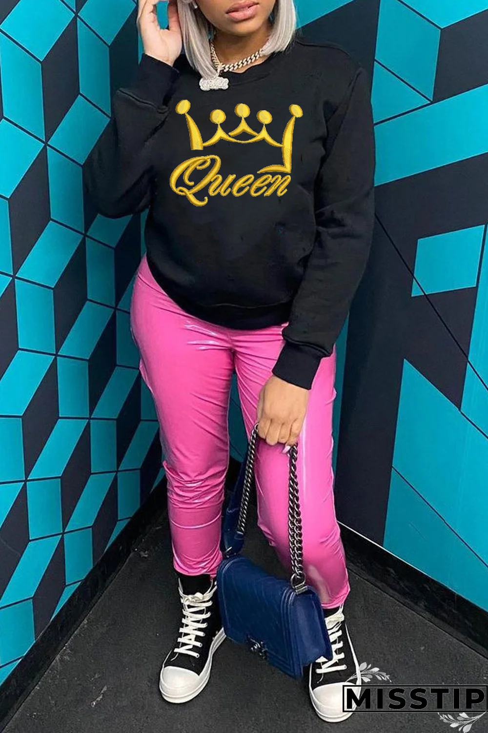 Black Street Print Patchwork O Neck Tops