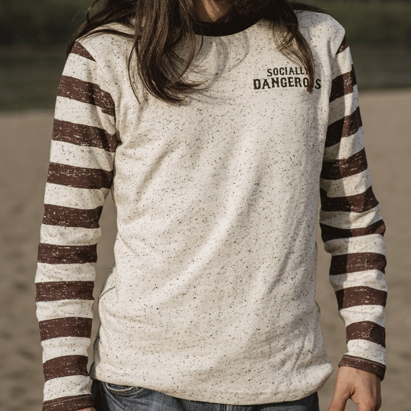 Retro Motorcycle Contrast Stripe Cotton Letter Print Long-Sleeved T-Shirt