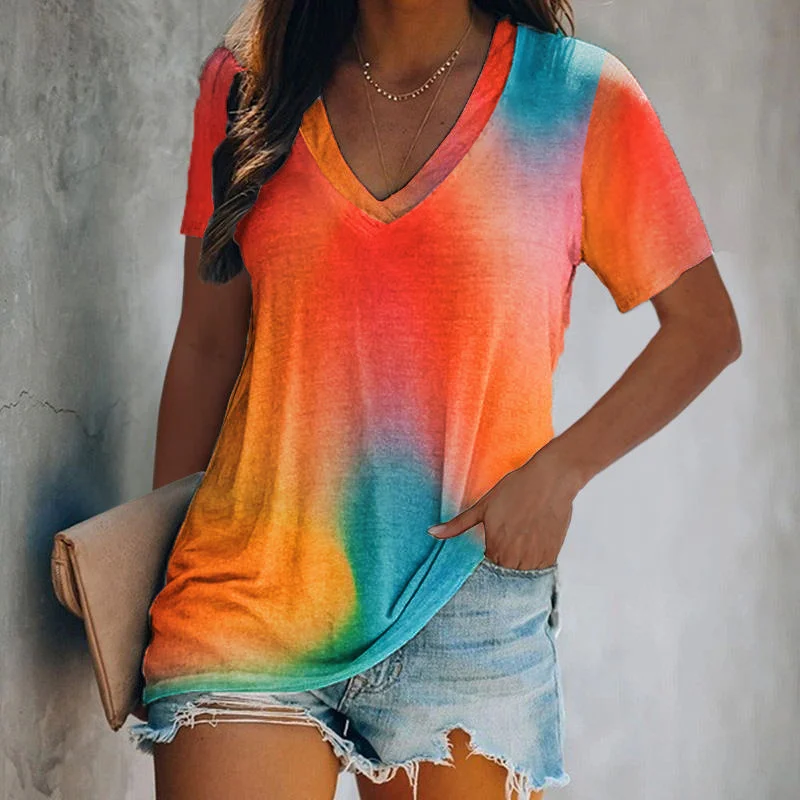 Casual Gradient Tie-dye V-neck Print T-shirt