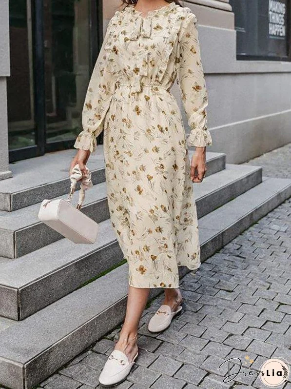 Tie Neck Ruffle Trim Floral Dress for Women