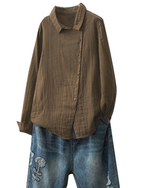 Linen Shirt Collar Asymmetric Long Sleeve Blouses