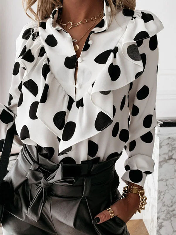 Pleated Polka-Dot Split-Joint Long Sleeves Loose Stand Collar Blouses