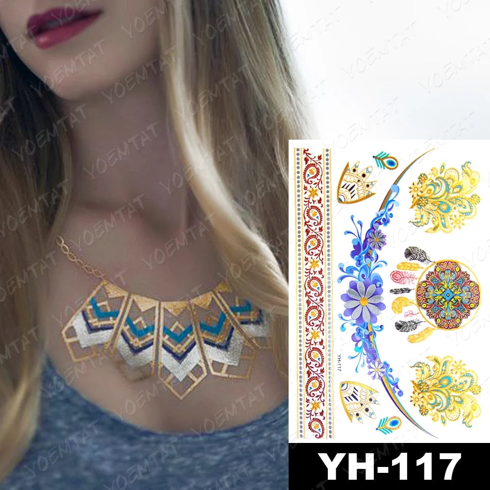 Waterproof Temporary Tattoo Sticker Gold Silver Henna Indian Hand Painted Glitter Tattoos Women Mandala Flower Feather Body Art