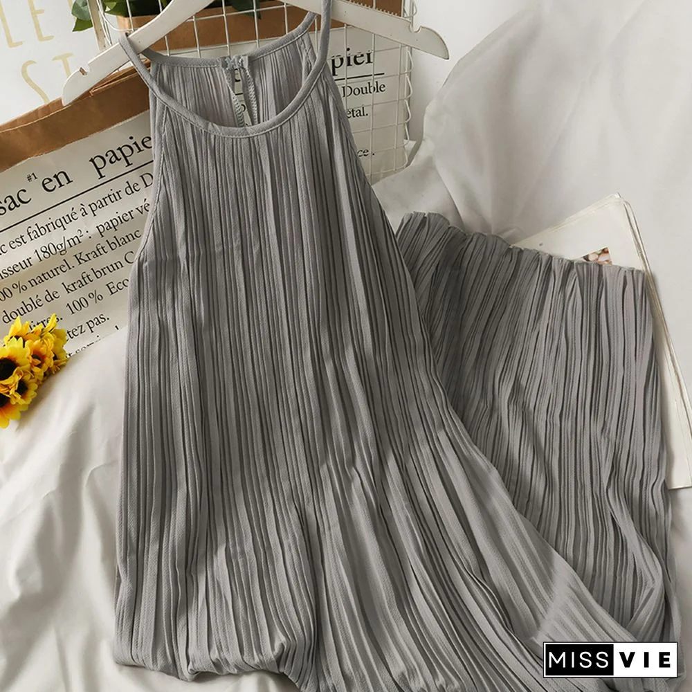 Dress Women Summer Retro Simple Chic Loose Off Shoulder Pleated Dresses Female Midi Sundress Trendy Sleeveless Vestidos Daily