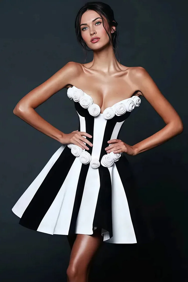 Striped Strapless 3D Floral Mini Dress-Black And White