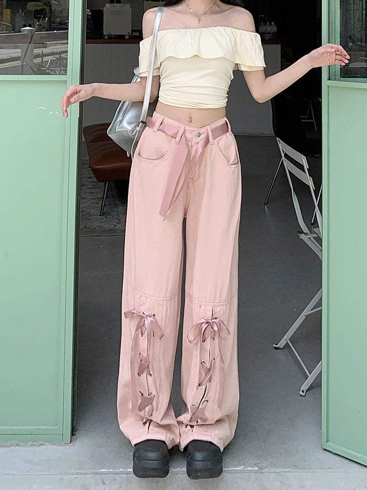 Baggy Jeans Women Chic Lace-up Casual Loose Vintage Streetwear Pants Korean Style Fashion Wide Leg High Waisted Jeans LANFUBEISI
