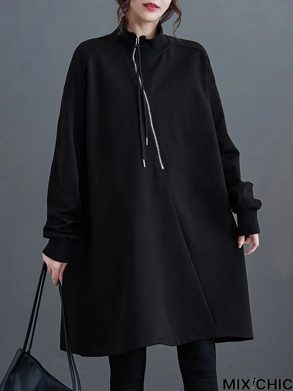 A-Line Long Sleeves Asymmetric Split-Joint Zipper Mock Neck Mini Dresses Sweatershirt