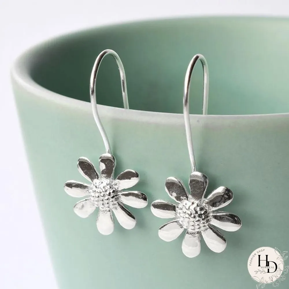 Fashion Simple 925 Sterling Silver Botanical Daisy Pendant Earrings Long Flower Dangle