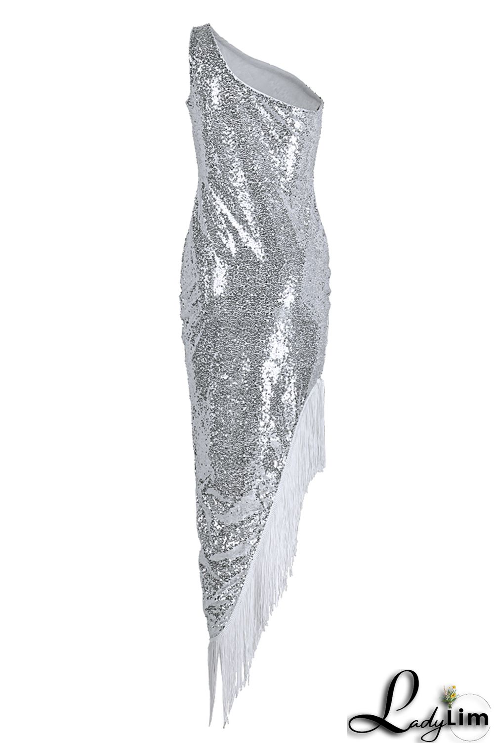 Black Fashion Sexy Patchwork Tassel Sequins Asymmetrical One Shoulder Evening Dress