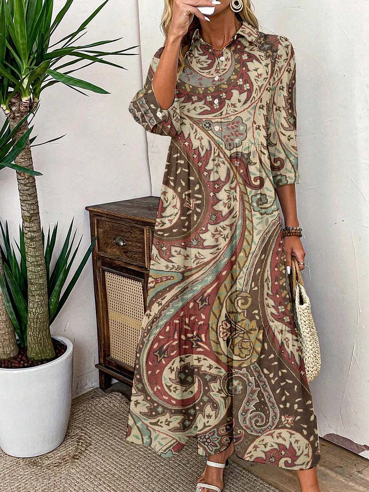 Womens Bohemia Pattern Cotton and Linen Dress