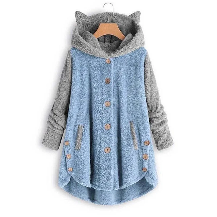 Kitty Ears Hooded Pockets Color Block Loose Sweatshirt - Modakawa Modakawa